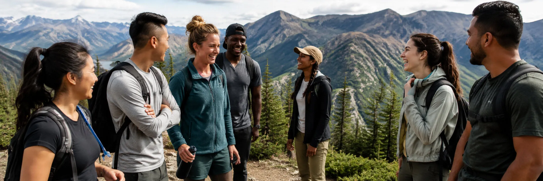 The group together at a mountain summit on the hike they finally planned